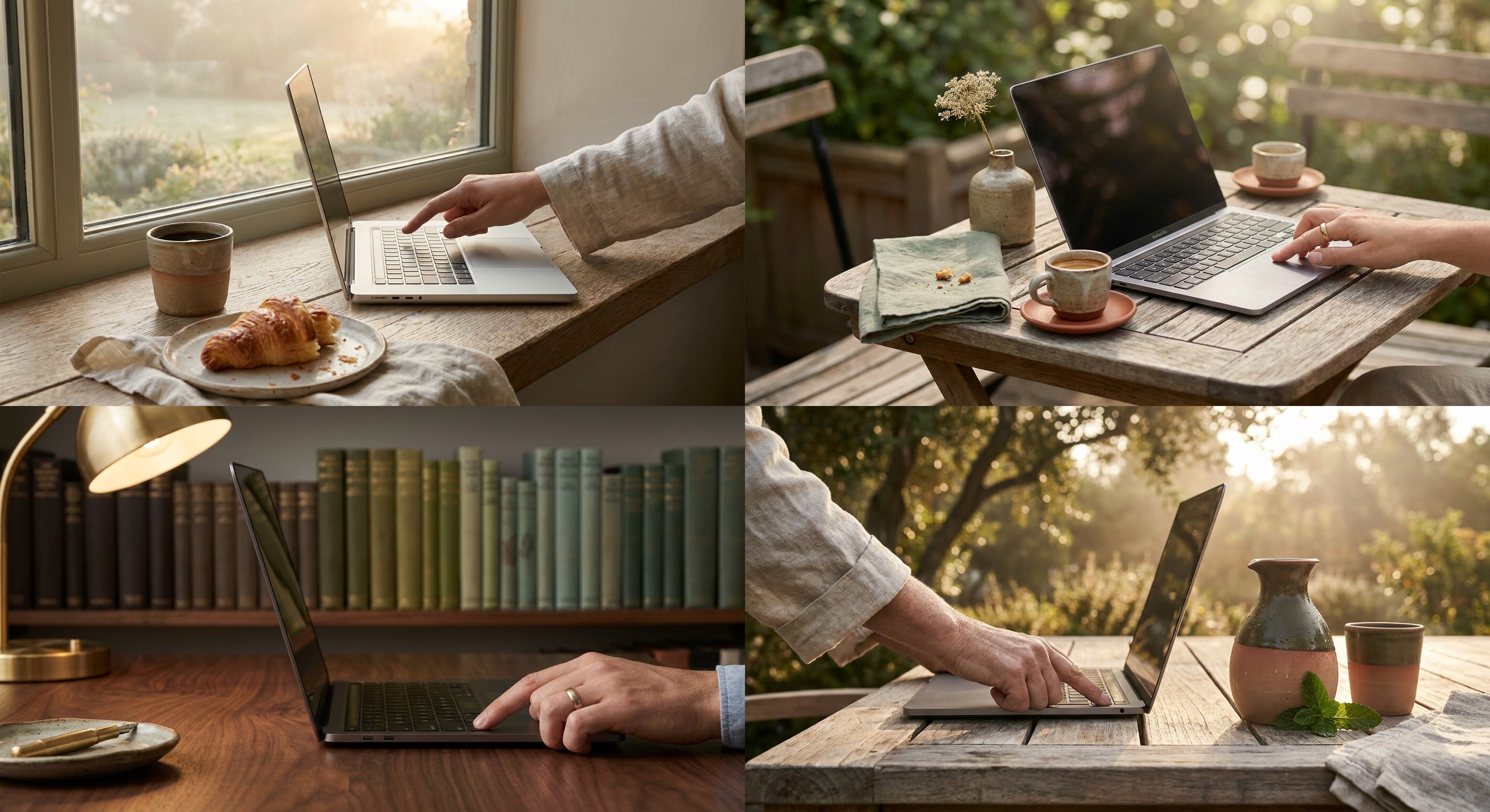Person working on laptops at desks with coffee cups, croissants, and plants in bright natural light settings