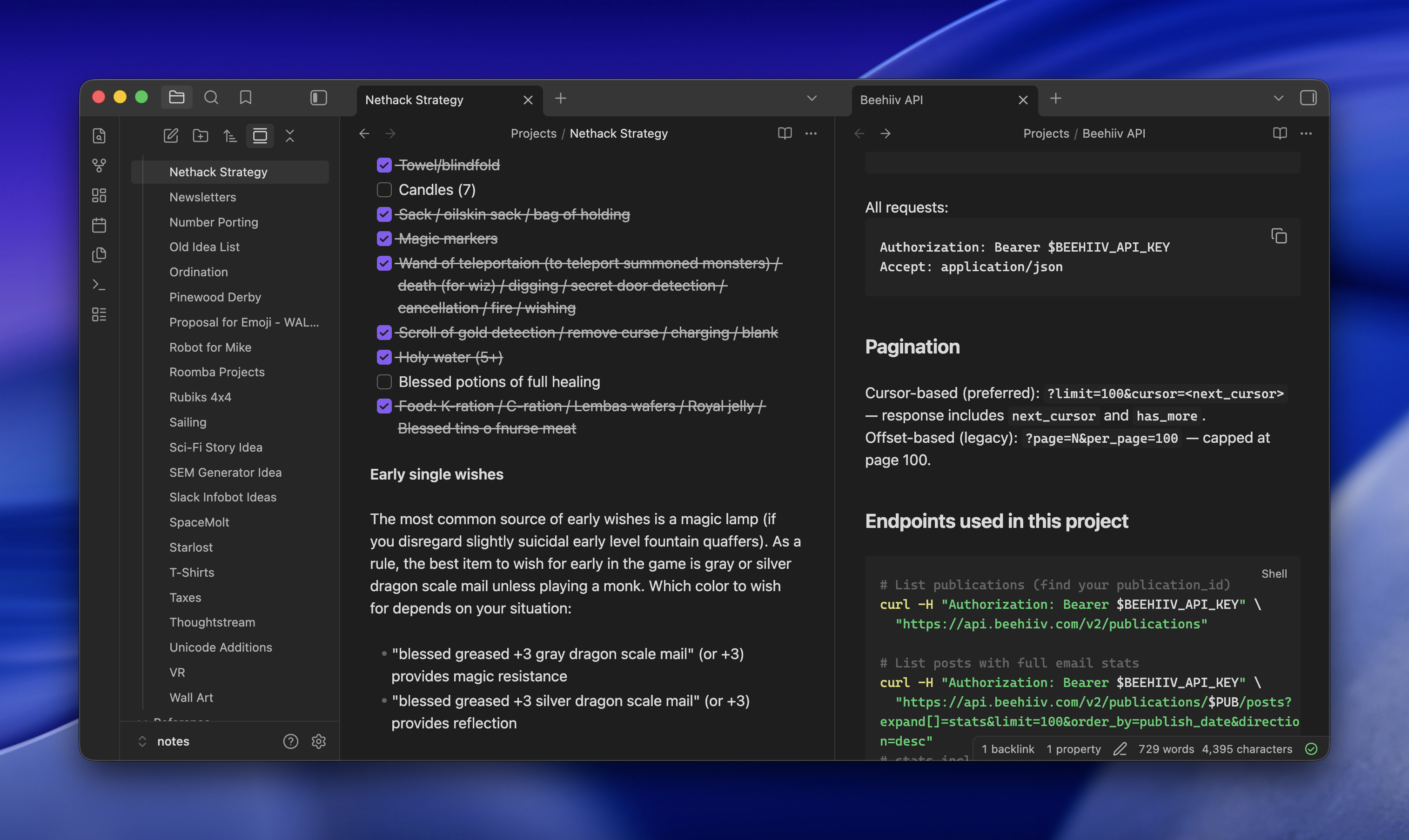Two browser tabs open side-by-side displaying project documentation: left tab shows Nethack Strategy notes with a checklist of items, right tab shows Beehiv API documentation with pagination and endpoint details