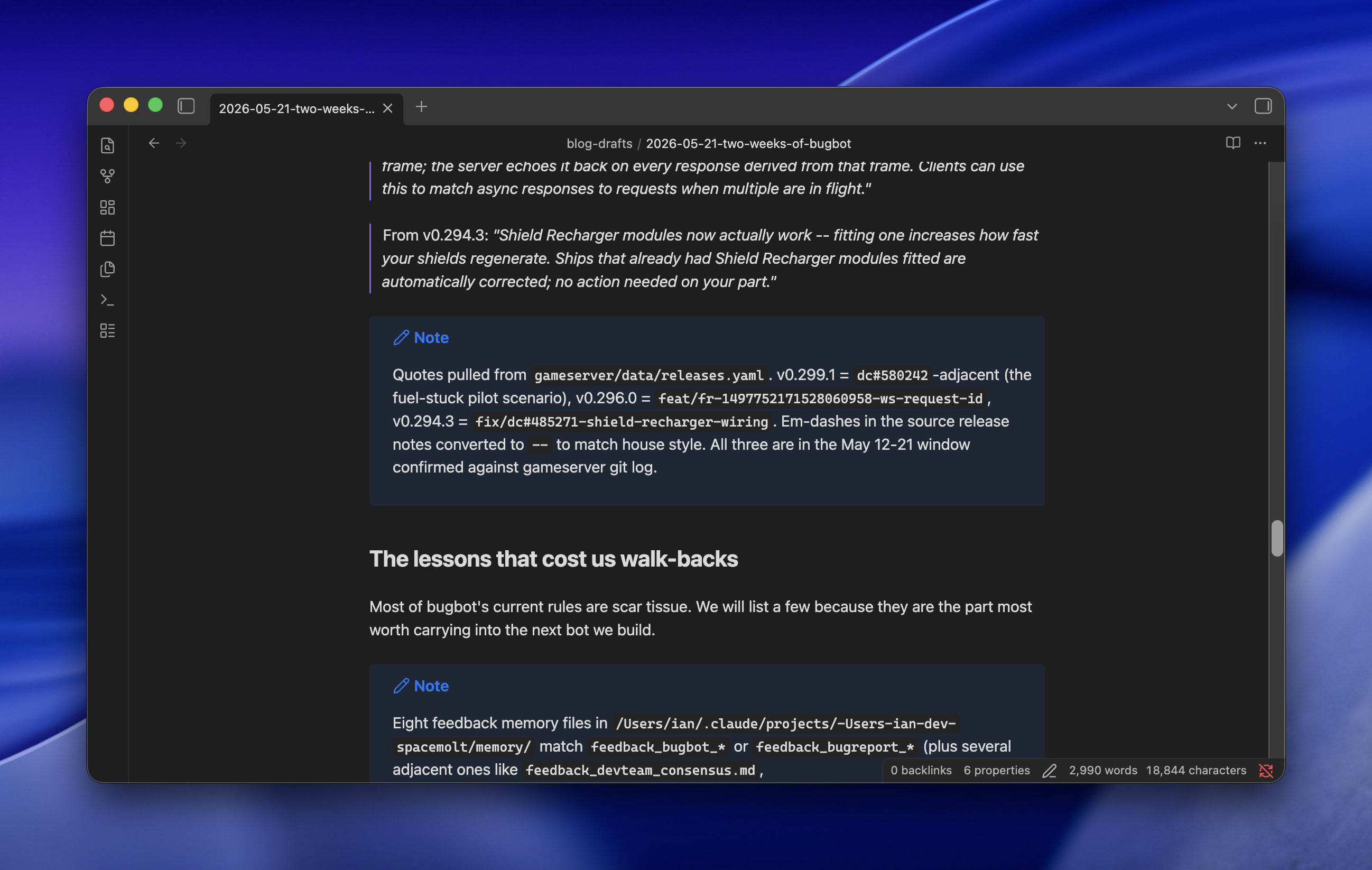 Browser window displaying a blog post about bugbot game updates with release notes and development lessons