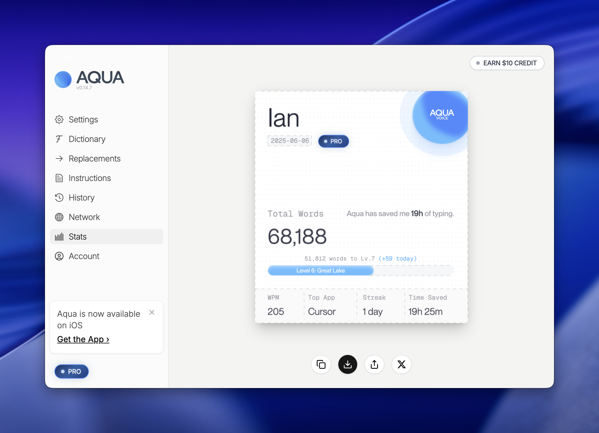 Aqua typing assistant dashboard showing user "Ian" with 68,188 total words typed, 19 hours saved, and Level 6 Great Lake achievement status