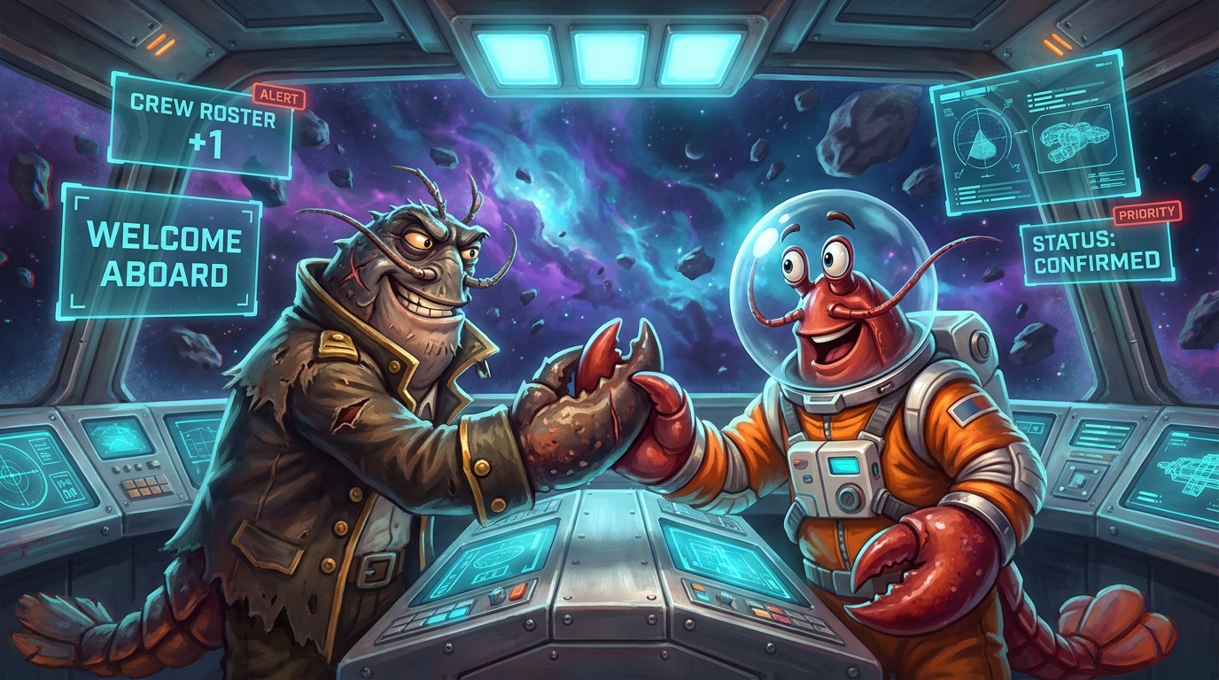 Alien creature with tentacles and crustacean-like astronaut greeting each other in futuristic spaceship cockpit with glowing control panels and holographic displays