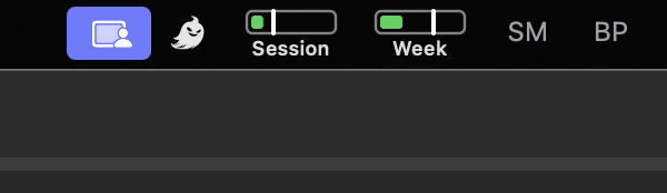 Toolbar with blue document icon, bird mascot, Session and Week toggle buttons, and SM and BP labels