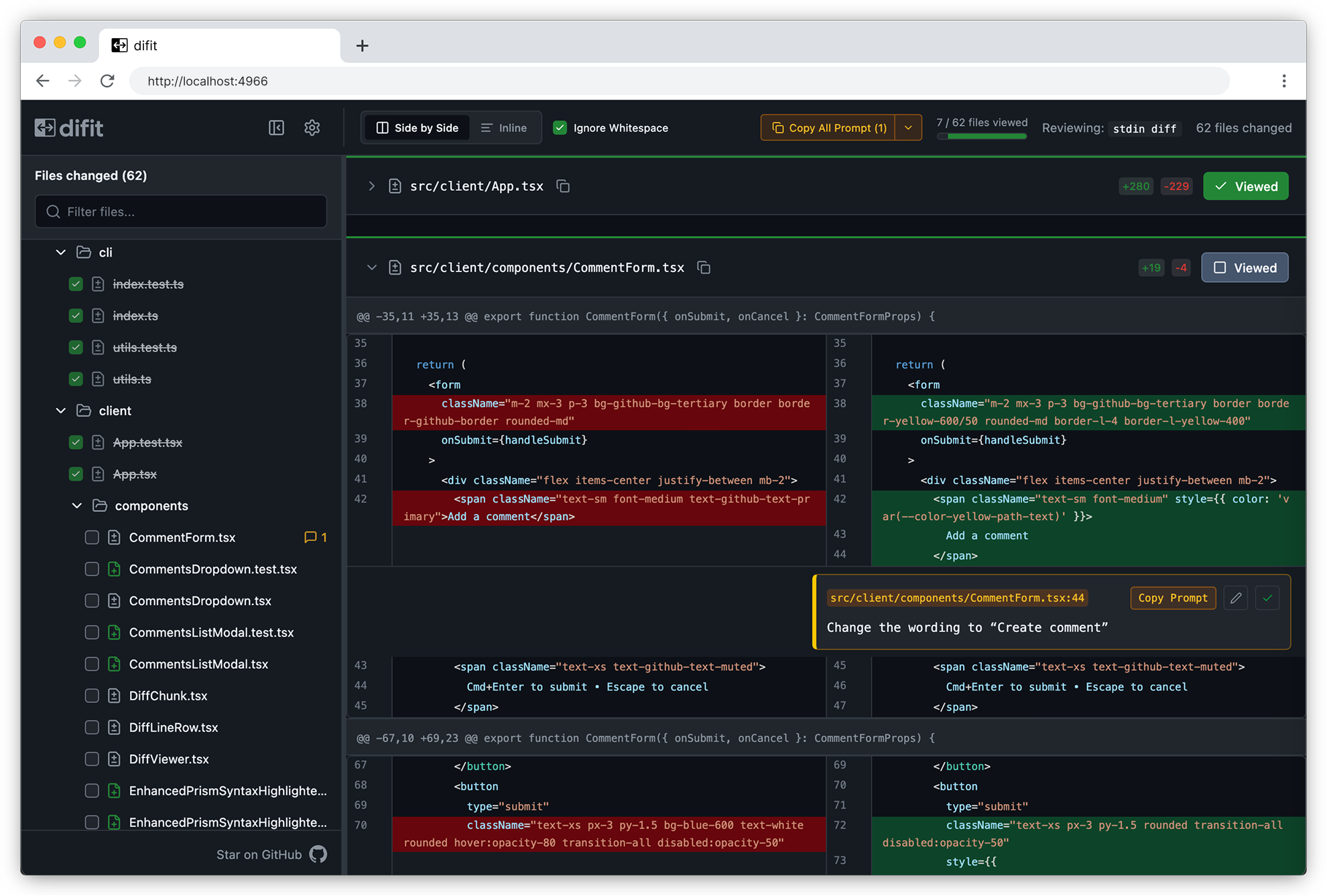 Difft code diff viewer showing side-by-side comparison of CommentForm.tsx file with 62 files changed, highlighting CSS class name modifications in red and green