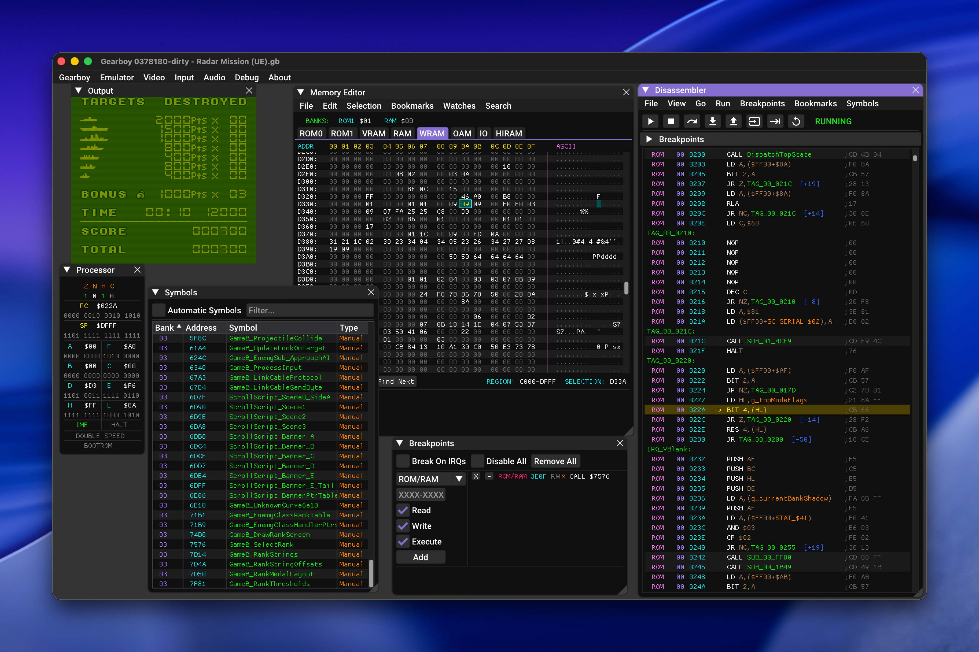 Gearboy emulator running Radar Mission with debugger windows open showing memory editor, disassembler, processor state, symbols, and breakpoints