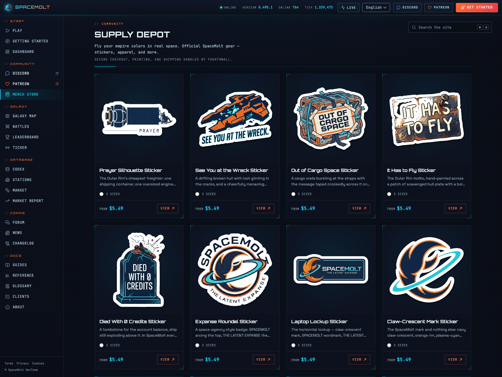 SpaceMolt Supply Depot merchandise page displaying eight sticker designs with prices and descriptions on dark background