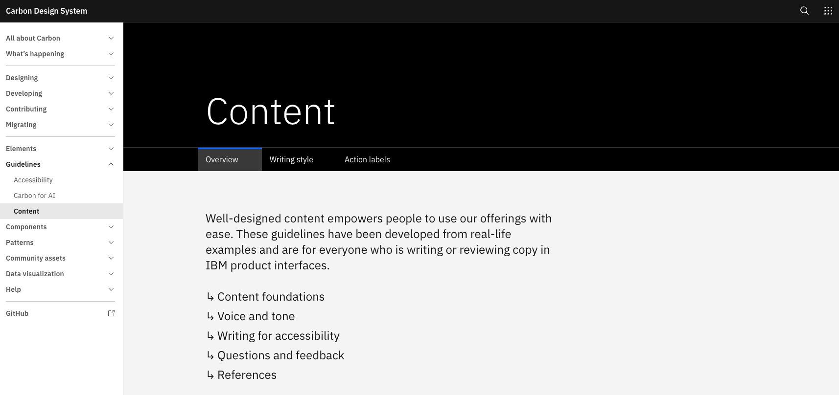 Carbon Design System Content guidelines page with sidebar menu and overview tab displaying writing principles