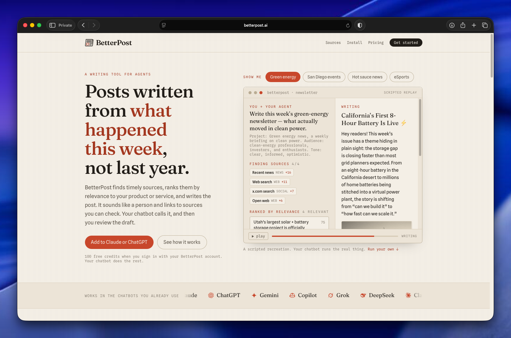 BetterPost website homepage displaying AI writing tool features, example newsletter about green energy, and chatbot integration options