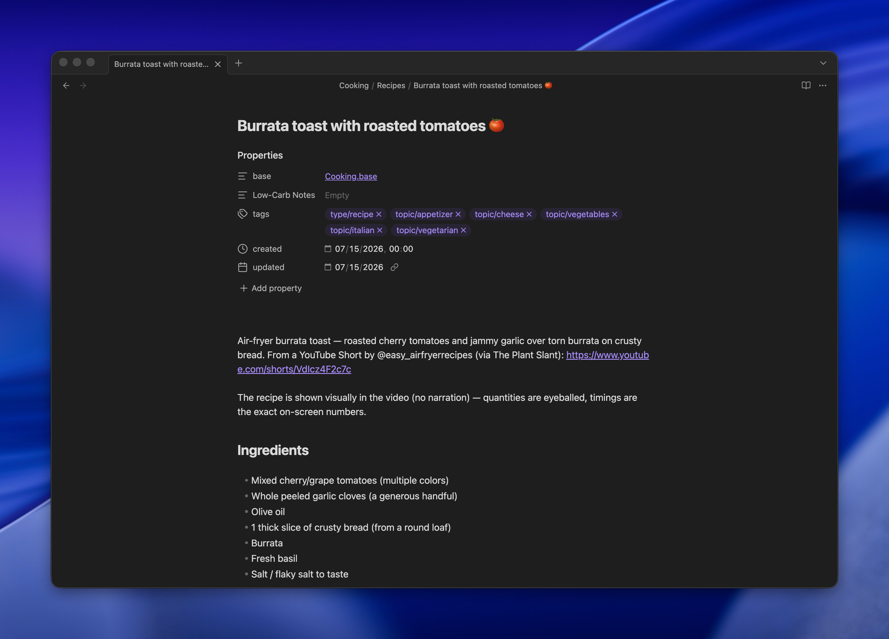 Browser window displaying a recipe page for burrata toast with roasted tomatoes on a dark background