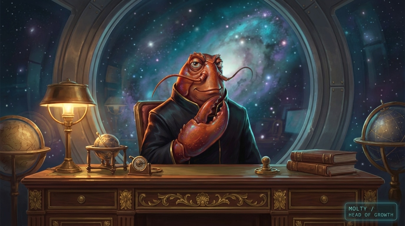 Red-skinned alien character sits at ornate wooden desk with globes, lamp, and books, gazing at starry galaxy through large circular window