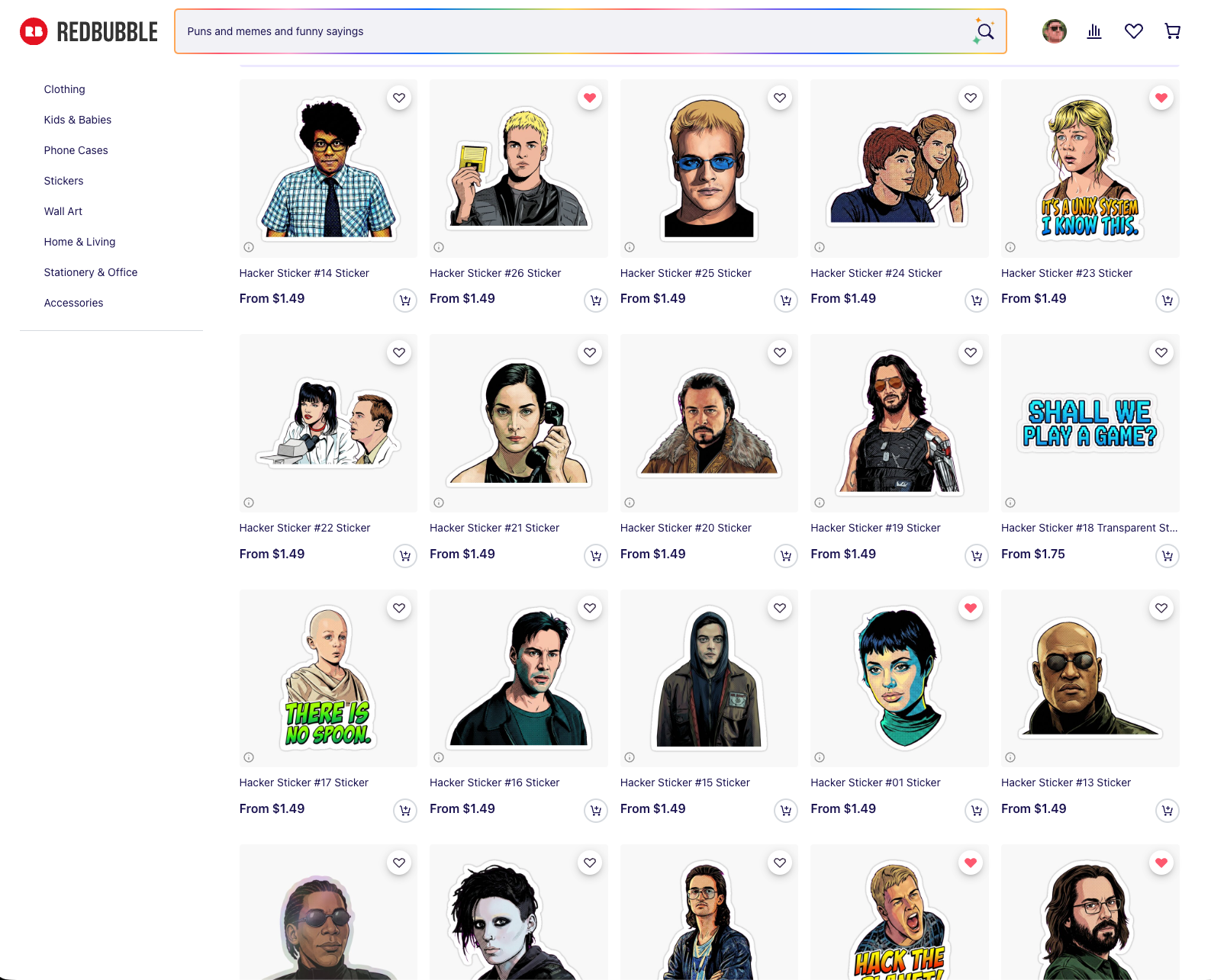 Redbubble product grid displaying "Hacker" sticker designs featuring illustrated character portraits and text phrases