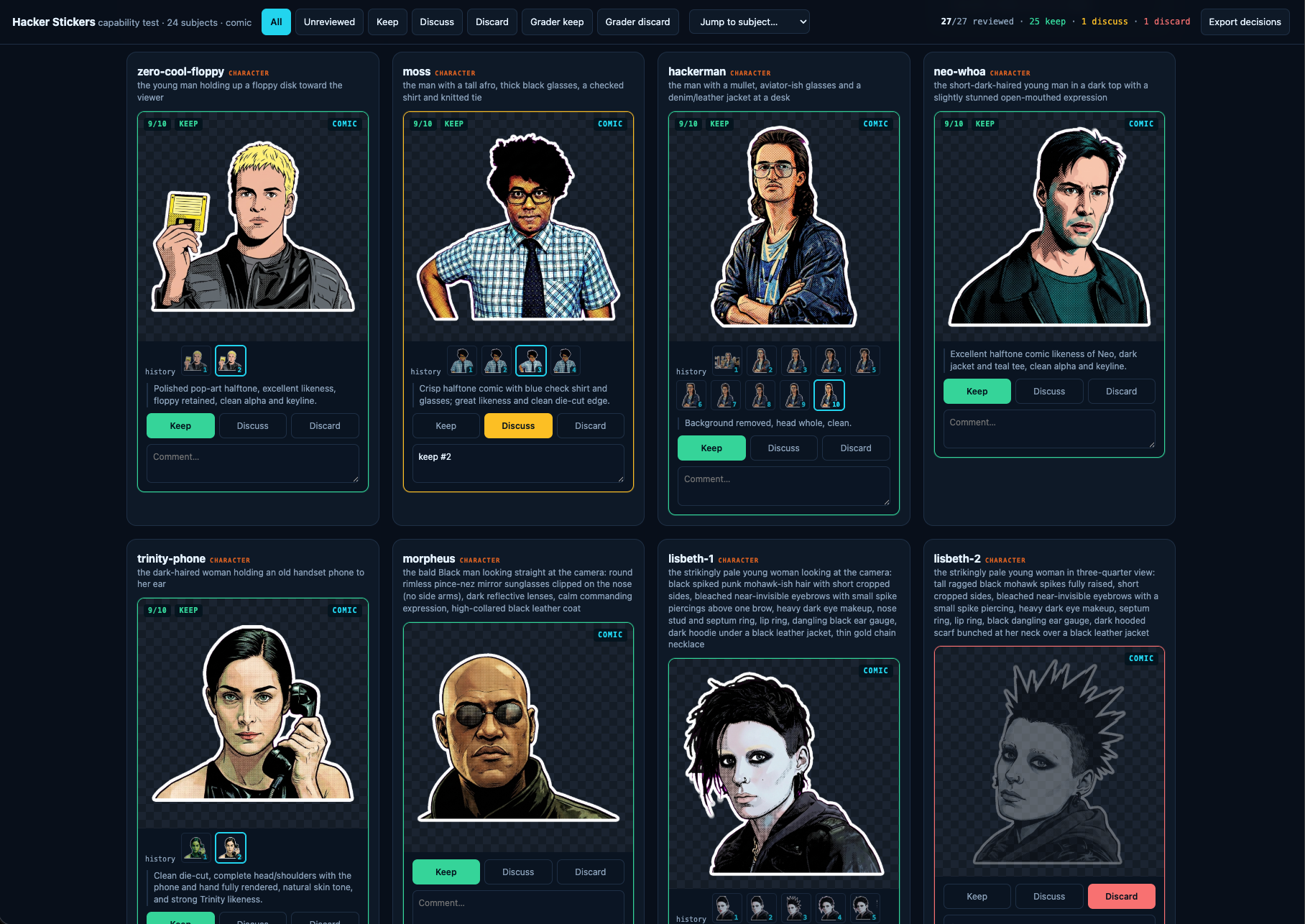 Interface showing eight character sticker designs from a hacker-themed comic with evaluation options to keep, discuss, or discard each illustration