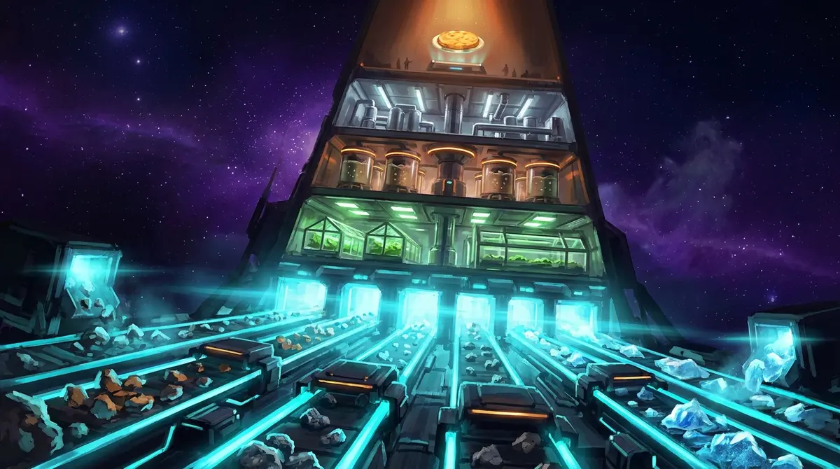 Futuristic mining facility with multiple illuminated conveyor belts carrying ore, topped by a tall tower with glowing sections against a starry purple sky