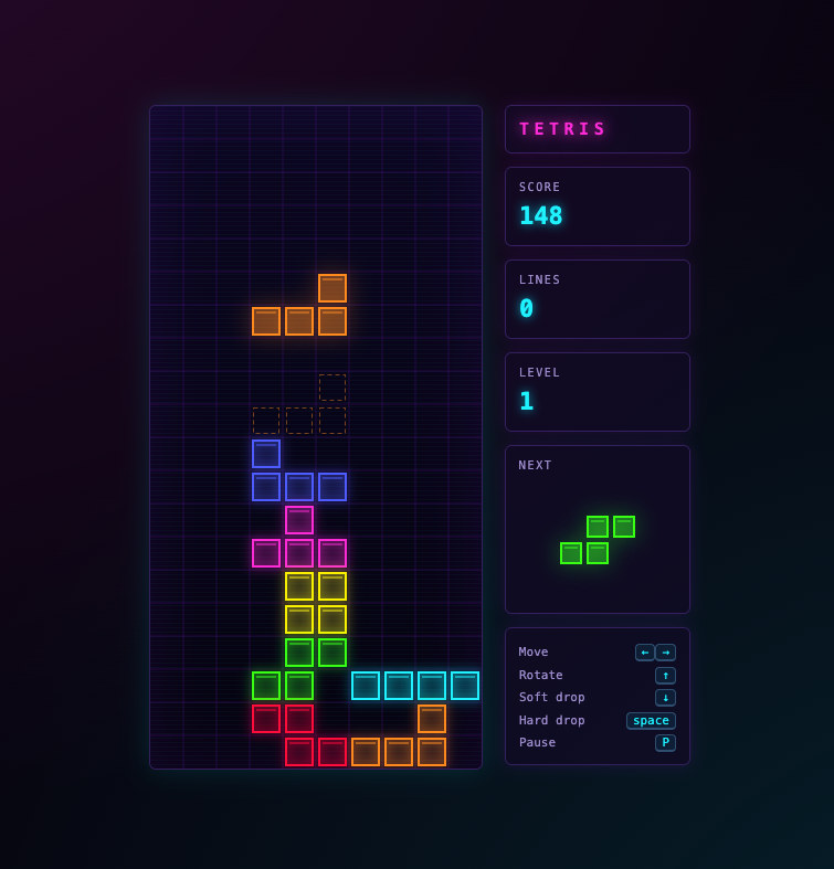 Opus-5 - Tetris game interface showing score 148 on level 1 with various colored falling blocks on a grid and control instructions