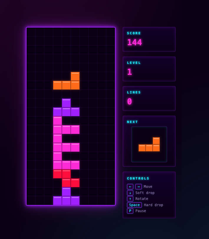 GLM-5.2 - Retro Tetris game screen with neon purple border, colorful falling blocks in play area, score 144, level 1, and control instructions displayed on right panel