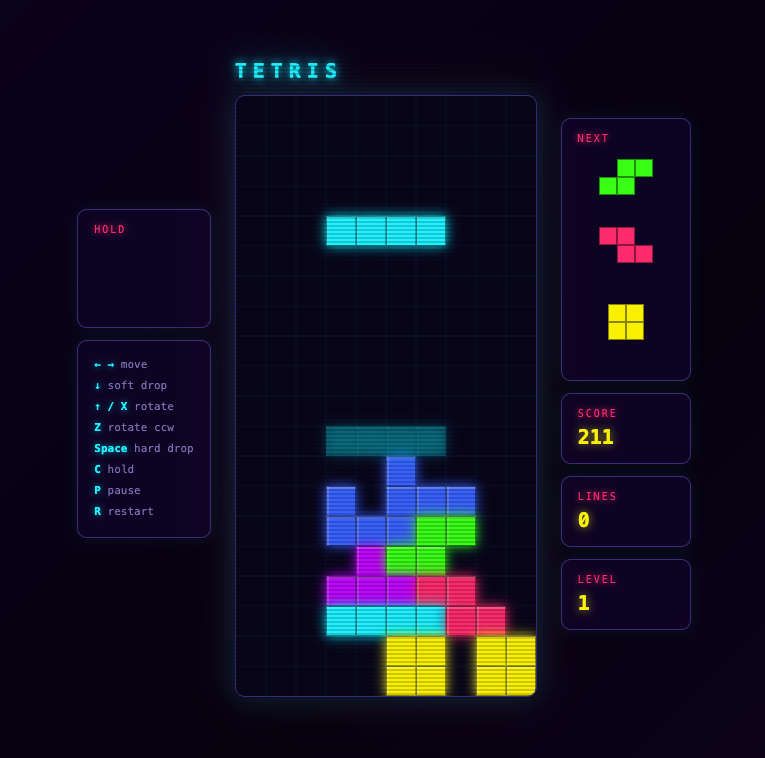 Kimi-3 Tetris game interface showing cyan I-piece at top, stacked colorful blocks below, with controls on left, next pieces and score (211) on right